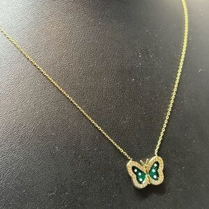 Genuine 10K Yellow Gold Green Enamel Butterfly Necklace
